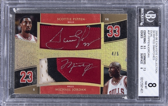 2005-06 UD "Exquisite Collection" Scripted Swatches Dual #JP Scottie Pippen/Michael Jordan Dual Signed Game Used Patch Card (#4/5) – BGS NM-MT 8/BGS 10
